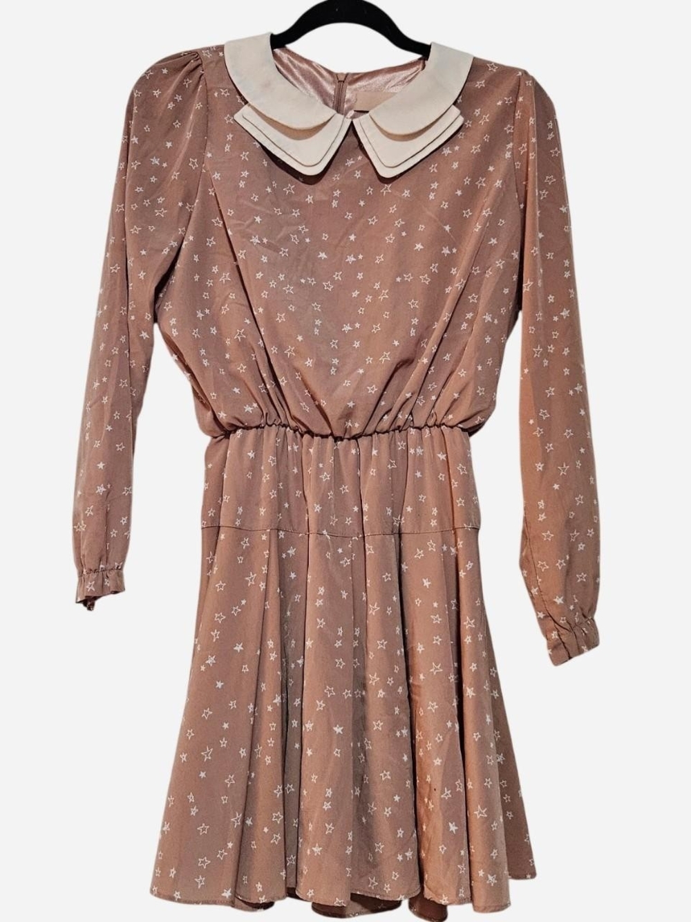 Womens Dusty Rose Star Print Long-Sleeve Dress with Cream Peter Pan Collar